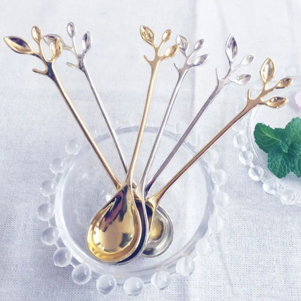 Gold Silver Bronze Branch Shape Ice Cream Scoop Royal Style Tableware Mini Dessert Spoon Cutlery Flatware Small Coffee Spoon