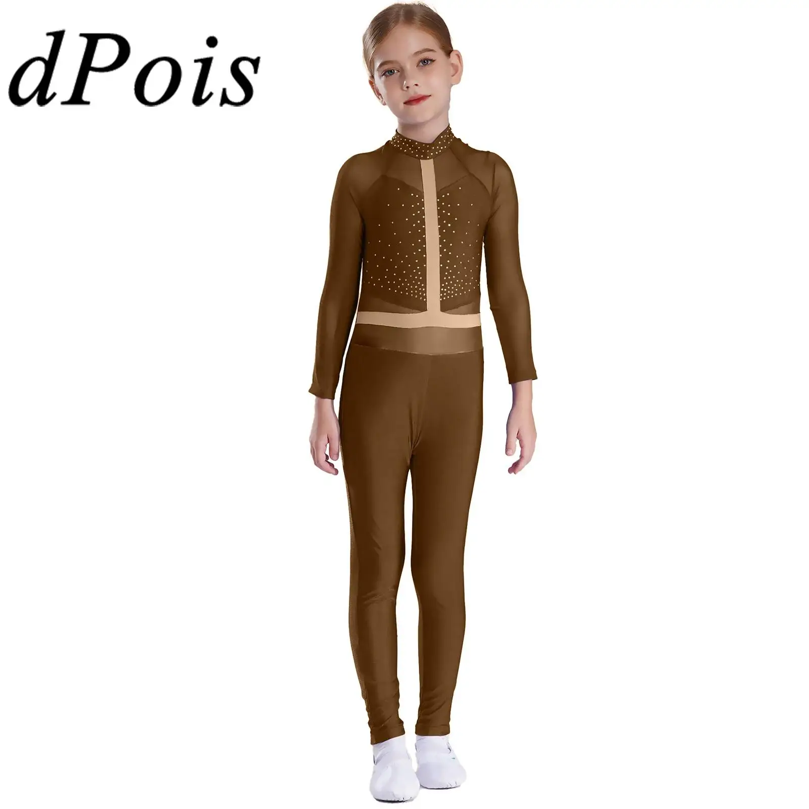 

Kids Girls Rhythmic Gymnastics Jumpsuit Acrobatics Ballet Dance Leotard Color Block Long Sleeve Cutout Back Rhinestones Bodysuit