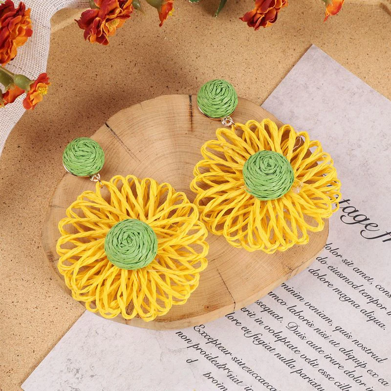 Unique Rattan Earrings Summer Holiday Bohemian Jewelry Exaggerate Fabric Flower Earrings Fashion Boho Earrings Statement Jewelry