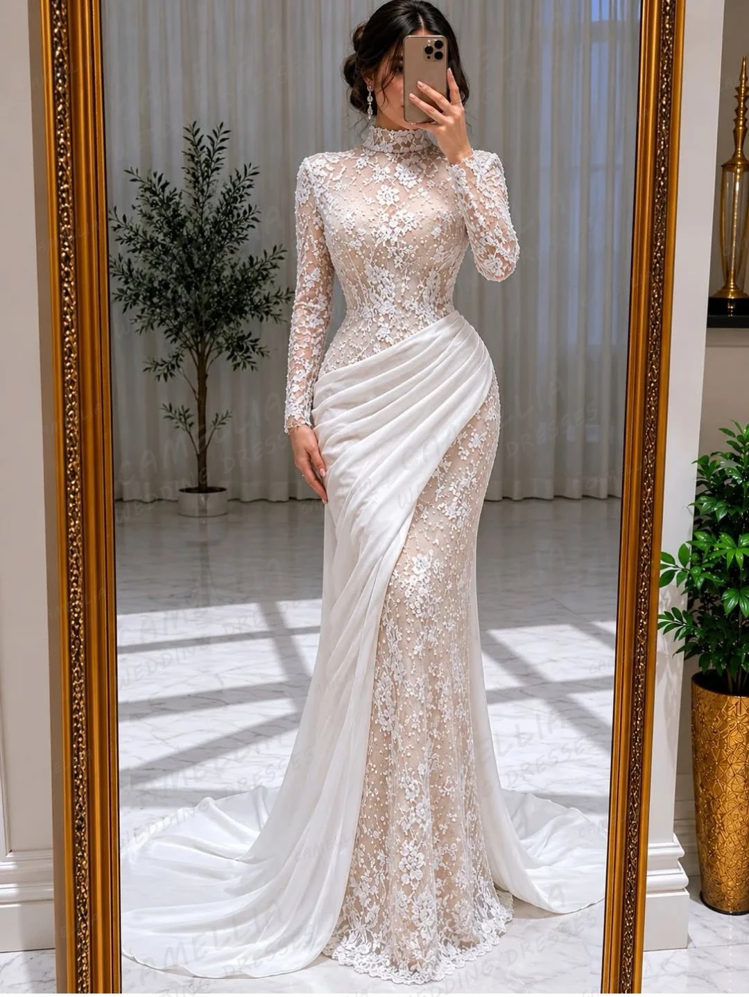 Elegant Mermaid Appliques Wedding Dresses High Neck Woman's Bride Gowns Long Sleeve Formal Split Customized Vestidos De Novia