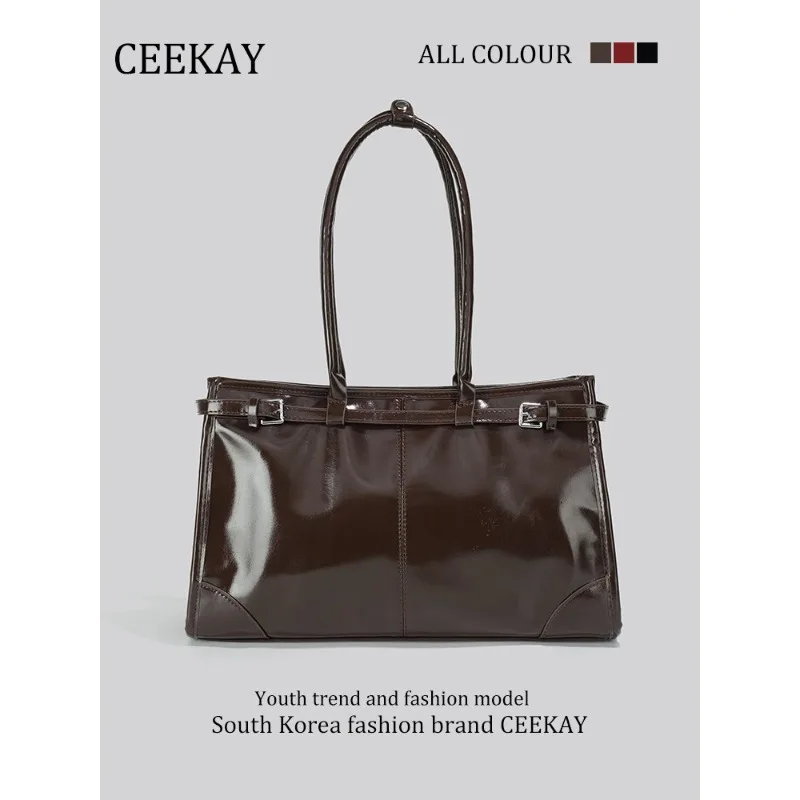 

Новая глянцевая сумка-тоут CEEKAY 2026 года, винтажная сумка через плечо с декоративным ремешком с пряжкой, повседневная вместительная женская сумка