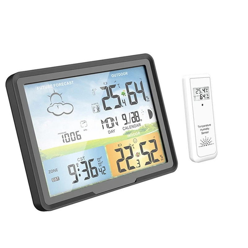 สถานีตรวจอากาศไร้สายดิจิตอลพยากรณ์อากาศในร่มกลางแจ้งพร้อมเซ็นเซอร์ไฮโกรมิเตอร์อุณหภูมิความชื้นอุณหภูมิอากาศ