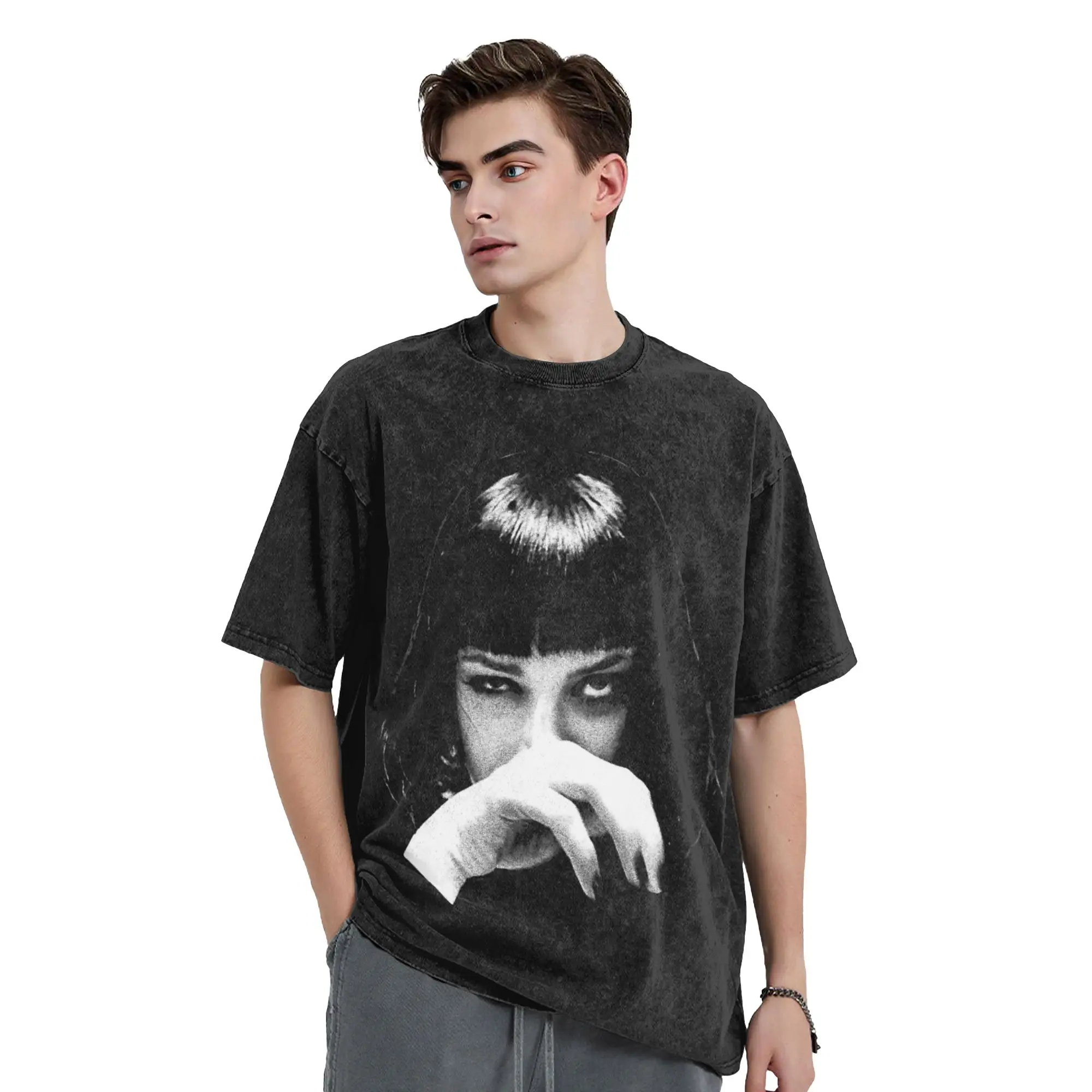 Mia Pulp Fiction Washed T Shirts Streetwear Hip Hop Retro T-Shirt  Tees Tops for Men Women 100% Cotton Oversize Printed