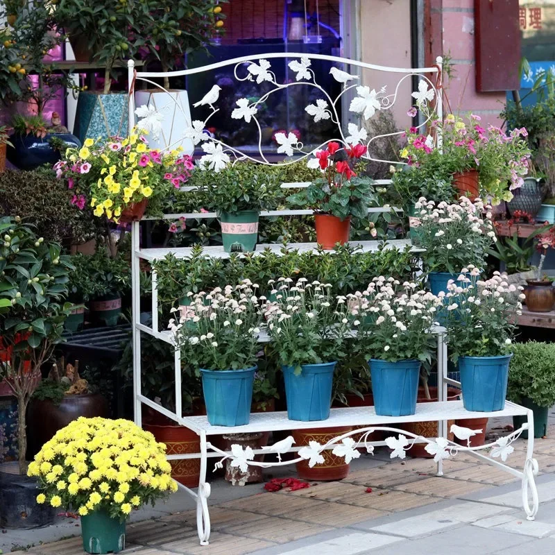 Wrought iron ladder flower stand one-piece three-layer square folding pot room outdoor balcony garden courtyard high-end storage