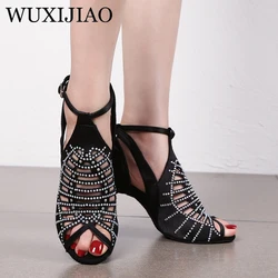 WUXIJIAO-zapatos de baile latino para mujer, calzado de salón con diamantes de imitación, salsa, tango, azul, boda