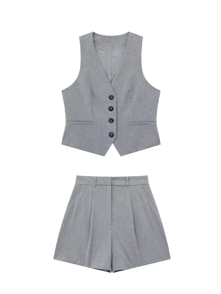 Willshela Women Fashion 2 Piece Set Grey Single Breasted V-Neck Vest & Vintage High Waist Shorts Female Chic Lady Shorts Set