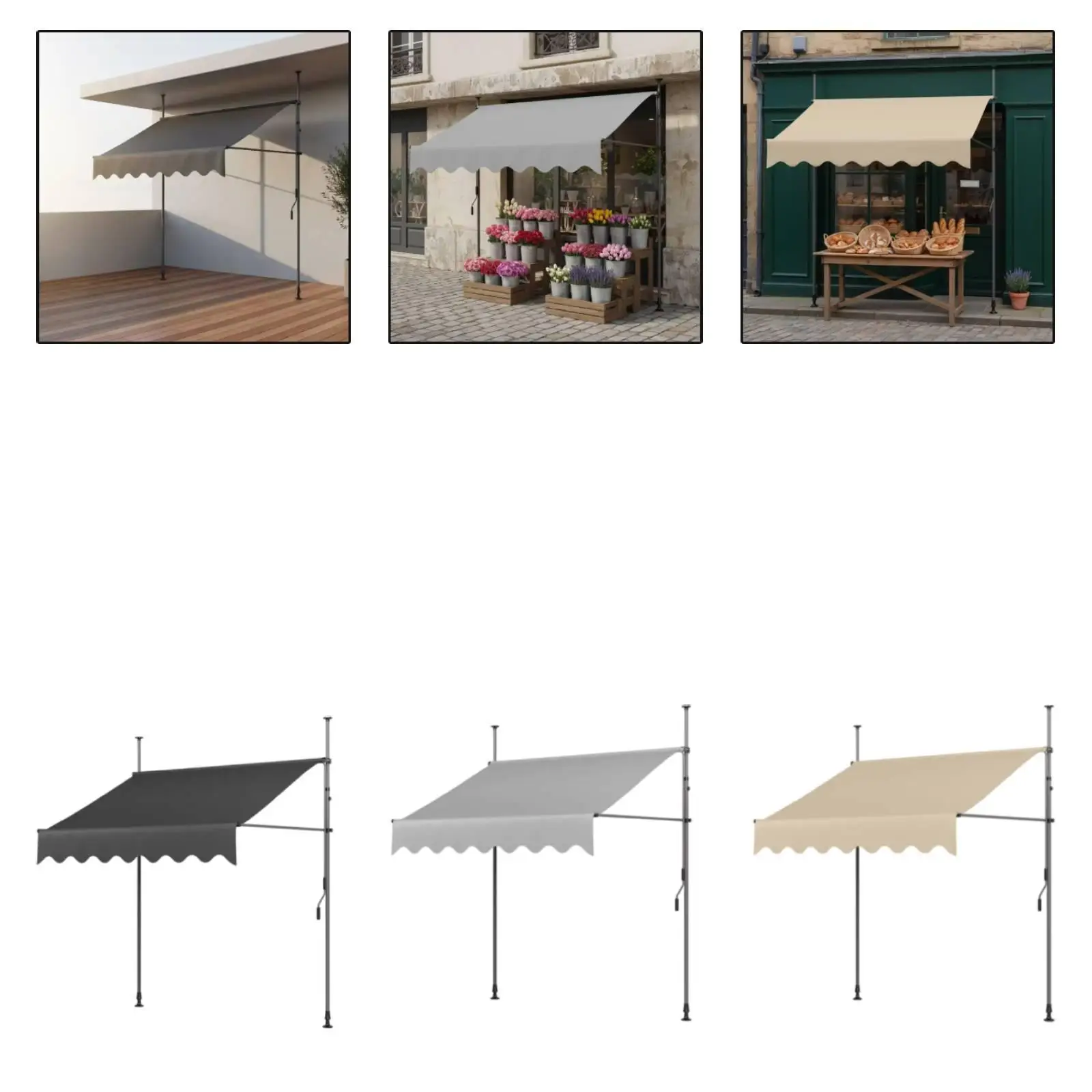 Outdoor Folding Patio Awning Retractable No Drilling Balcony Sunshade Rain Cover Sturdy Steel Frame Adjustable Height for