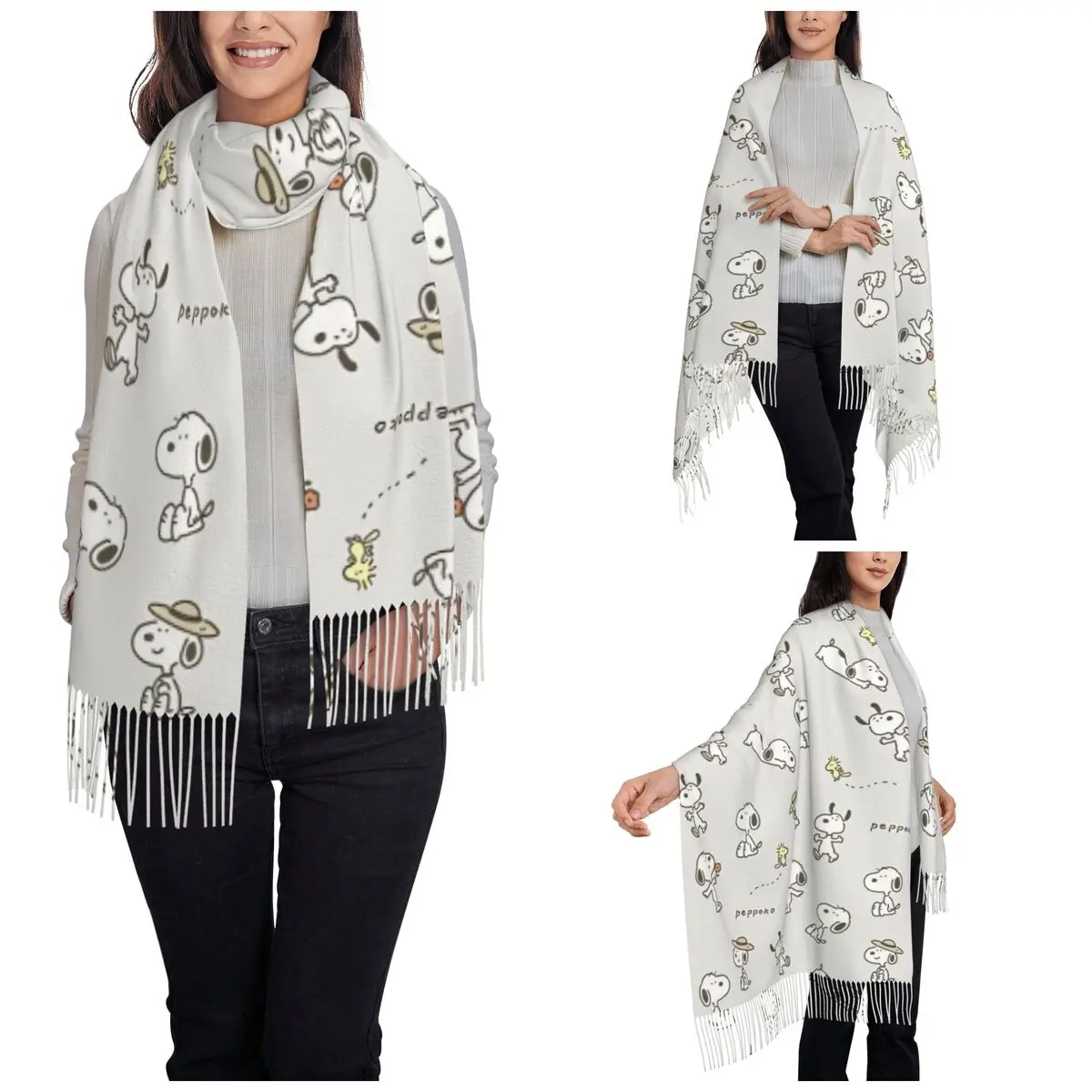 Women's Tassel Scarf Snoopys Woodstock Cartoon Large Winter Warm Shawl Wrap Daily Wear Pashmina Scarves