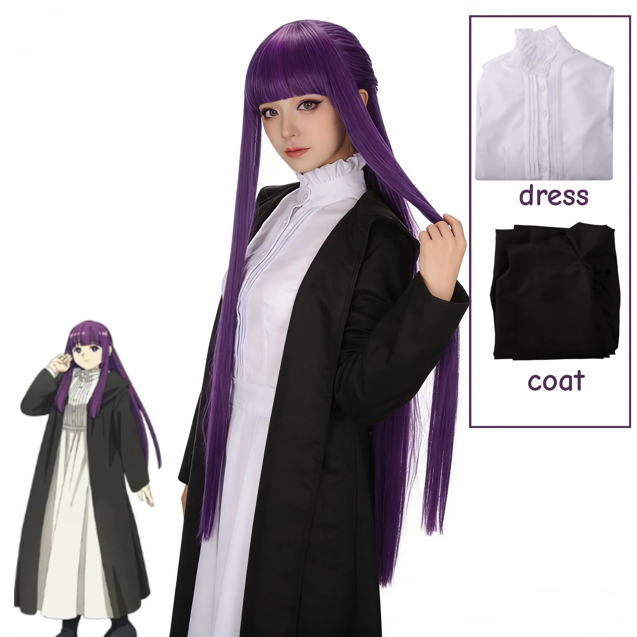 2026 Frieren Fern Cosplay Costume Purple Wig White Long Dress Black Coat Jacket Full Set Uniform Halloween Comic Con Outfits view 2