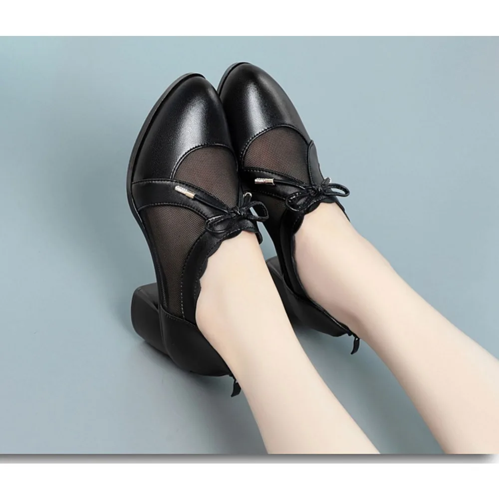 

Spring Summer Women's Mesh Tie Sandals Thick Heel Work Shoes Medium Heel Large Size Middle-Aged Mom Single Shoes