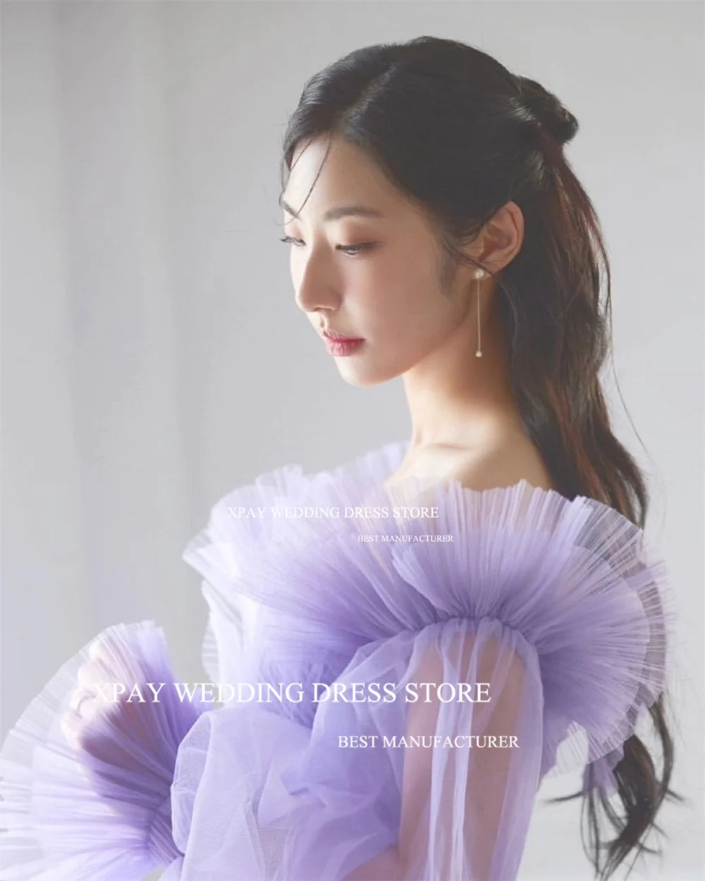 

XPAY Ruffles Purple Evening Dress Korean Wedding Photo Shoot Remove Puff Sleeve Customized Corset Birthday Formal Party Dress