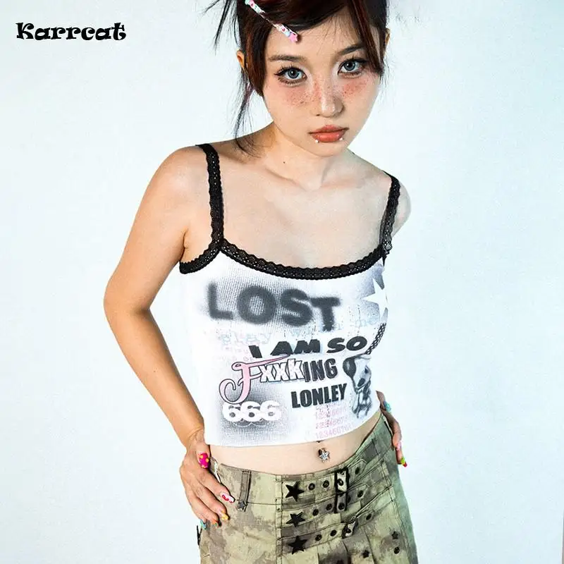 Karrcat Y2k Aesthetics Lace Camisole 2000s Grunge Print Crop Tops