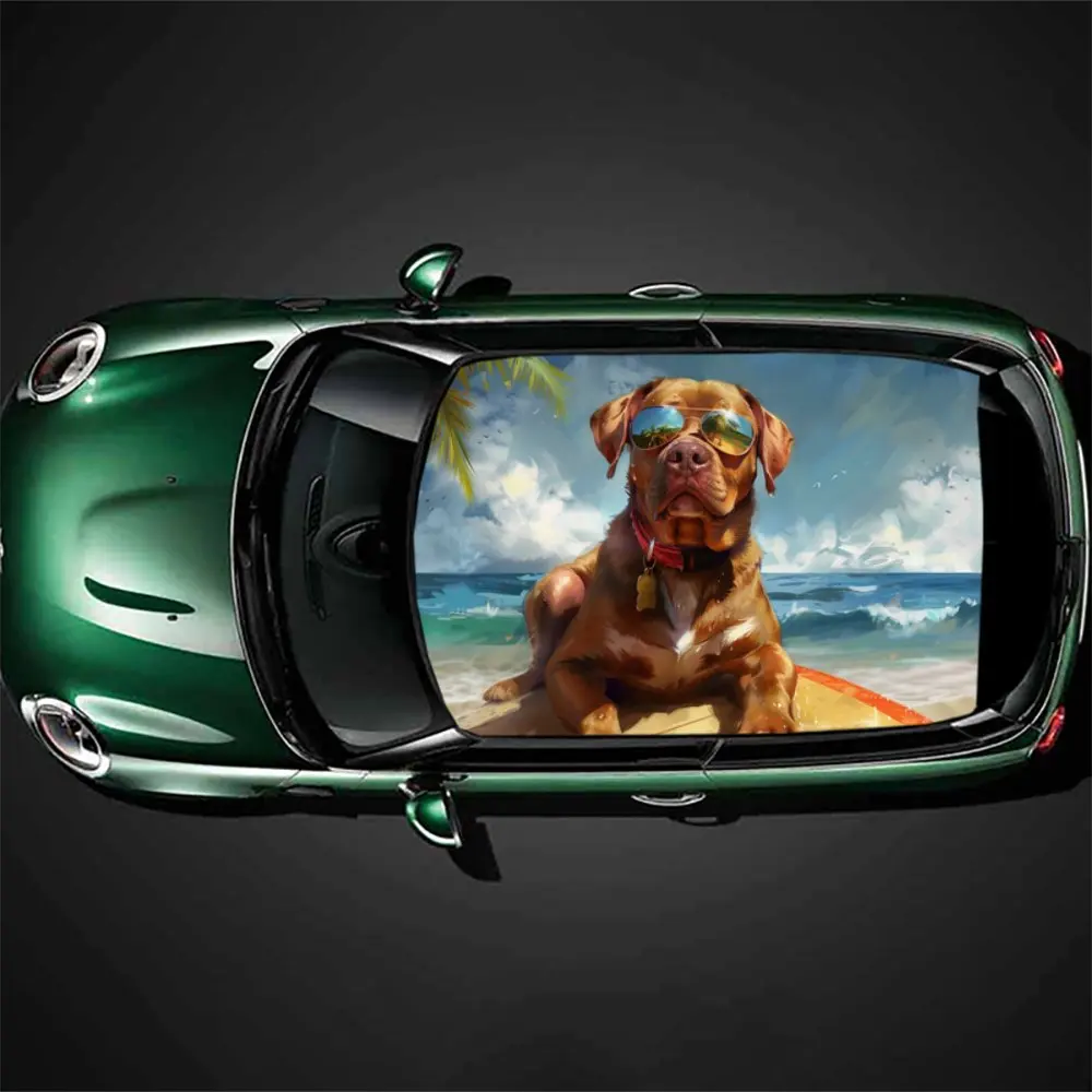 

Vacation Dog with Sunglasses Print Car Roof Sticker Wrap Racing SUV Auto Accessories Packaging PVC Car Hood Graphic Decal Decor