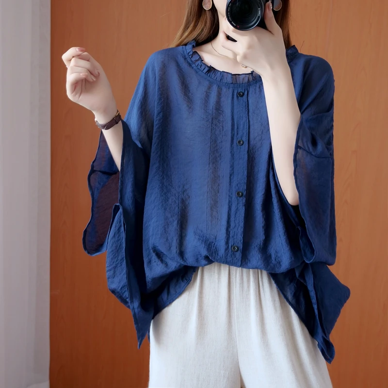 Slimming Loose Linen Batwing Sve irt Women's Faion Summer New Arrival European Sle Comfortable round Ne ort Sve