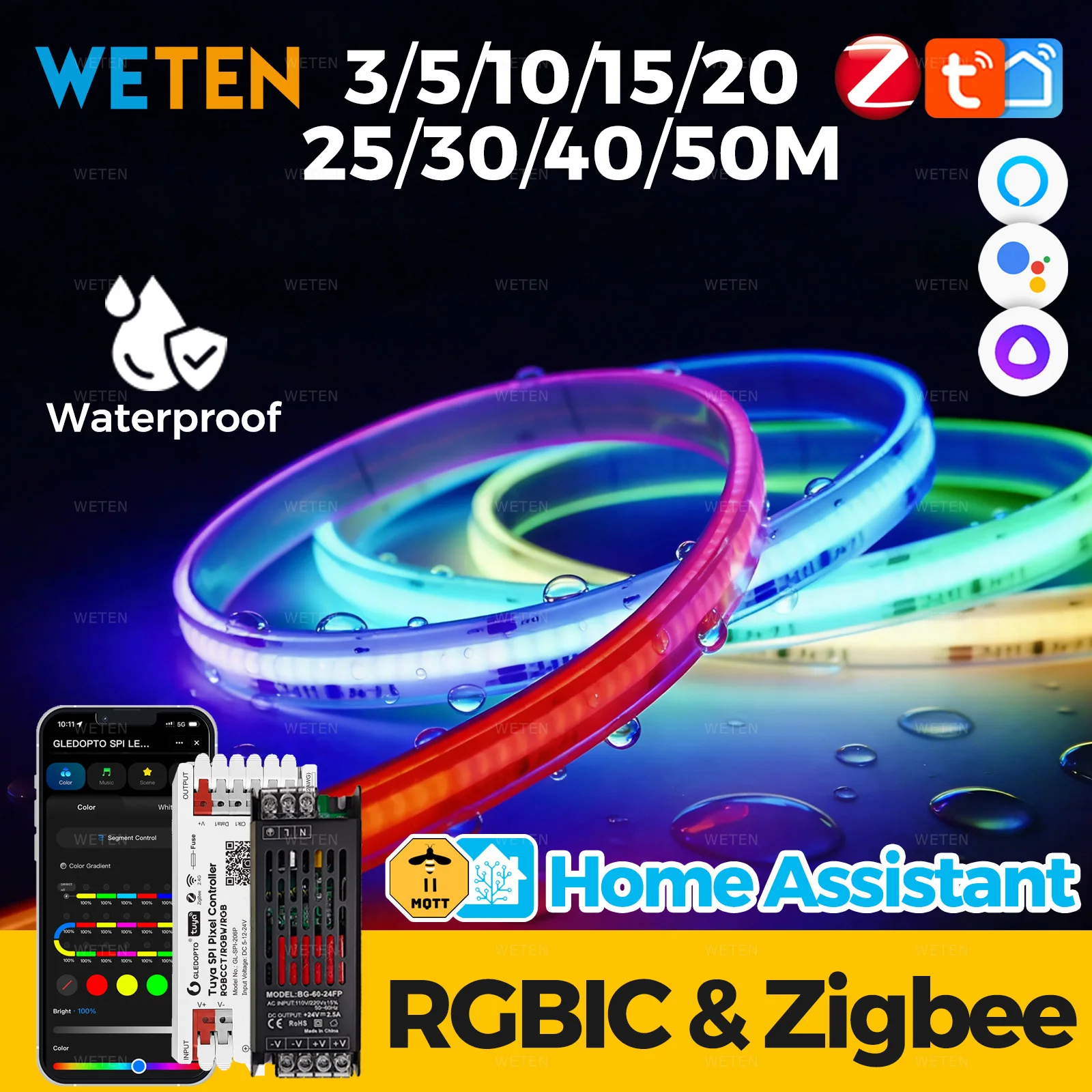 

Waterproof RGBIC COB LED Strip Light Kit RGB Addressable Tuya Zigbee Music Sync Work with Home Assistant Alexa Google Home 24V