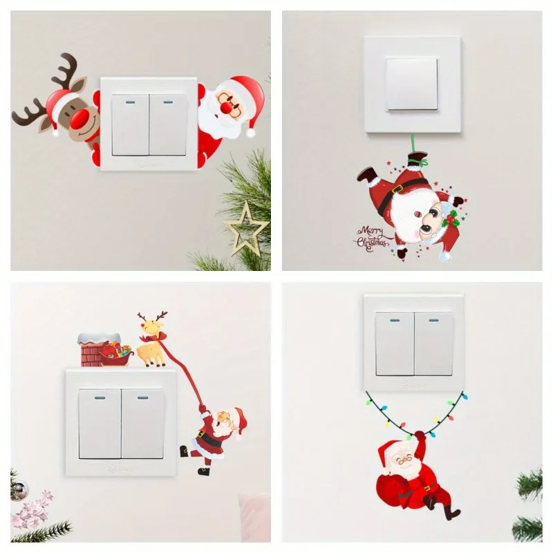 Christmas Switch Sticker with Cartoon Elk Santa Claus Snowman Pattern, 4pcs, Bedroom Living Room Wall Decor Sticker Set