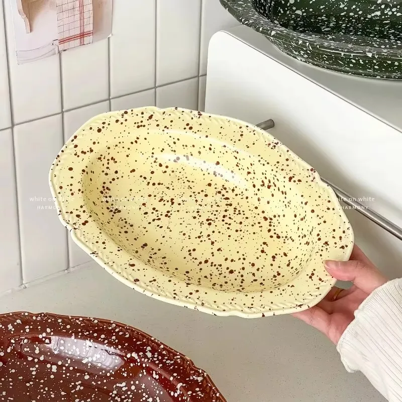 D20Good-looking Premium Plate Vegetable Plate Household Tray Ceramic Oval Plate Breakfast Fruit Salad