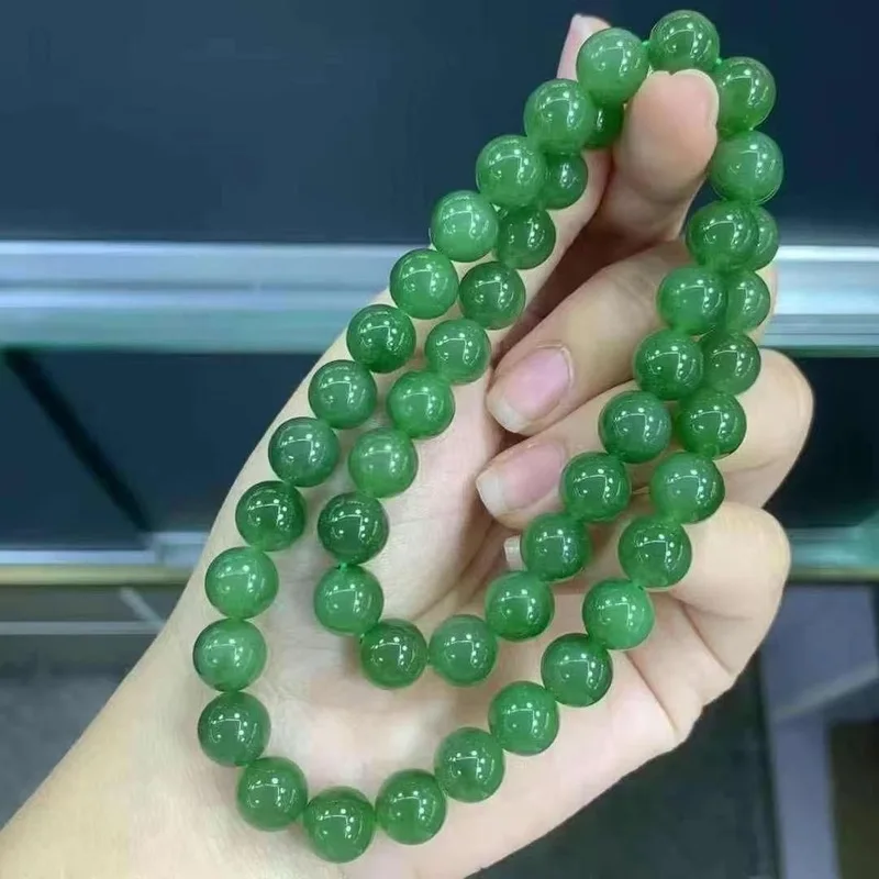 Natural Hotan , Spinach Green Single-Loop Jewelry, Unisex Buddhist Bead Jade Bracelet