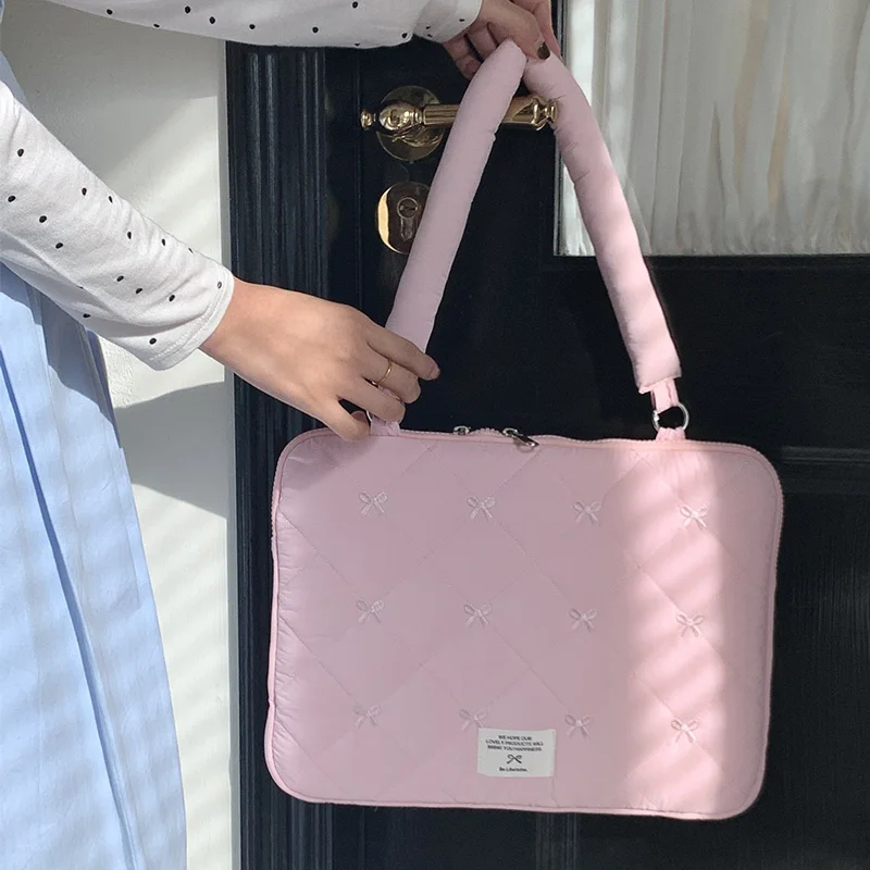 Cute Bowknot Quilted Laptop Bag 13 14 15 15.6 Inch, Soft Shockproof Notebook Handbag, Ins Style Daily & Travel Laptop Sleeve — Cute