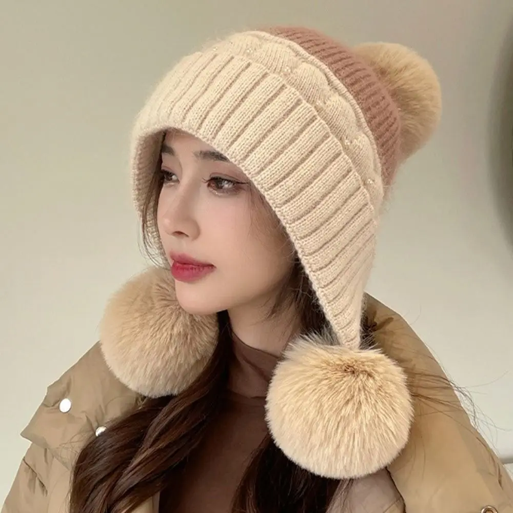 قبعة محبوكة سميكة دافئة مزينة باللؤلؤ ضد الرياح للنساء قبعة شتوية مقاومة للبرودة مع أضاليا