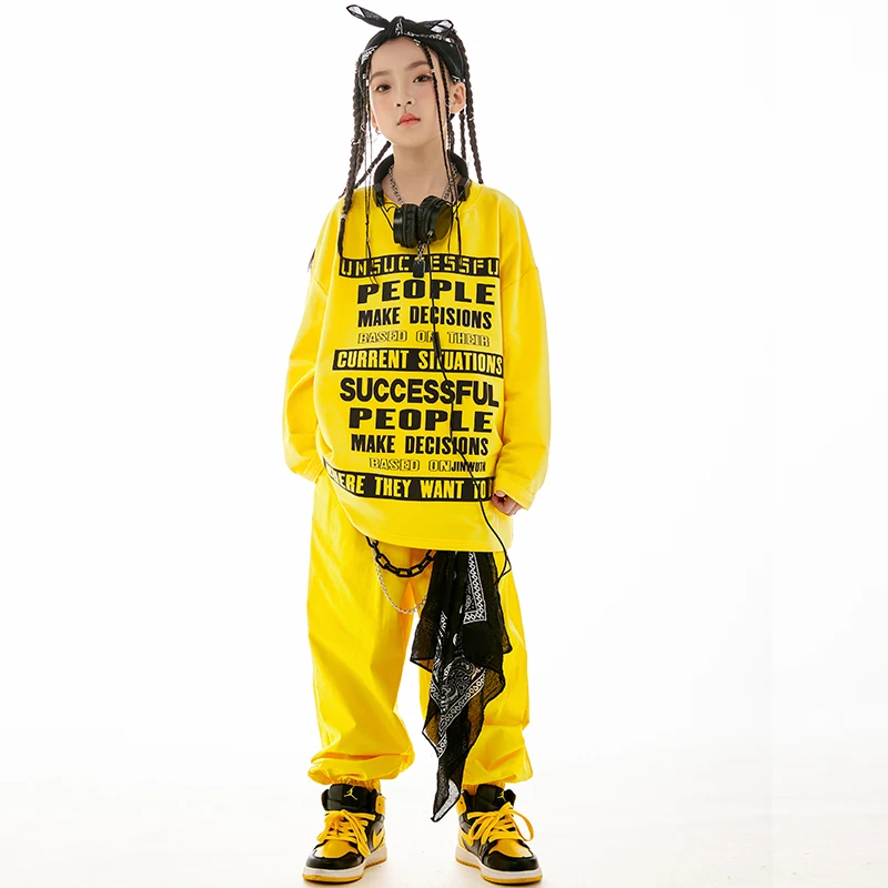 Bambini giallo a maniche lunghe pantaloni larghi vestito per ragazze Jazz abiti da ballo ragazzi moderni Hip Hop Performance Stage Wear DN16114