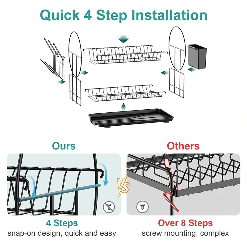 2 Tier Dish Drying Rack Drain Board Set Tableware Drainer Kitchen Countertop Storage Rack Space Saving Organizer for Countertop