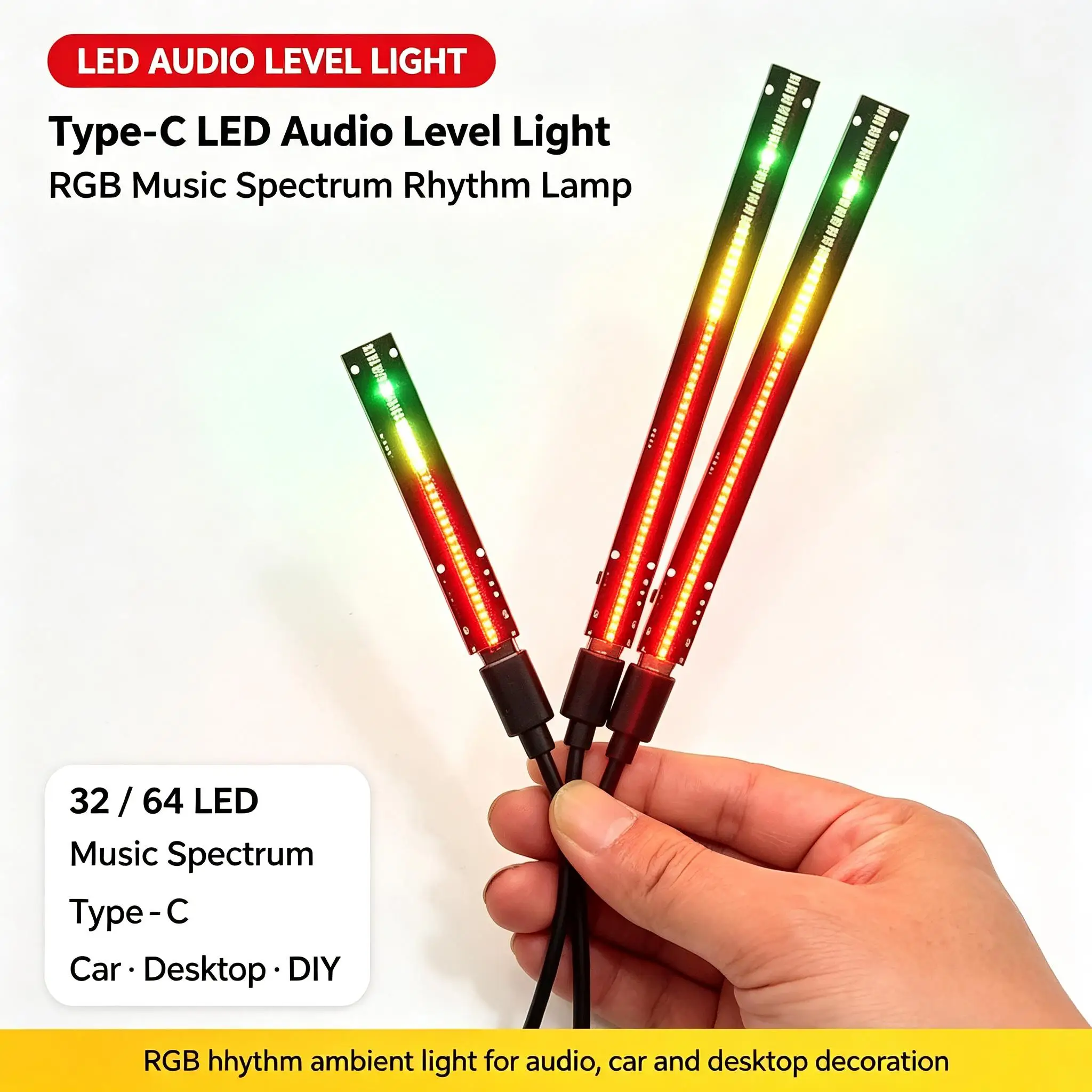 DYKB Audio Level Light TYPE-C LED Music Spectrum Rhythm Lamp 32/64 RGB Colorful Atmosphere Light Car Decoration DIY Module