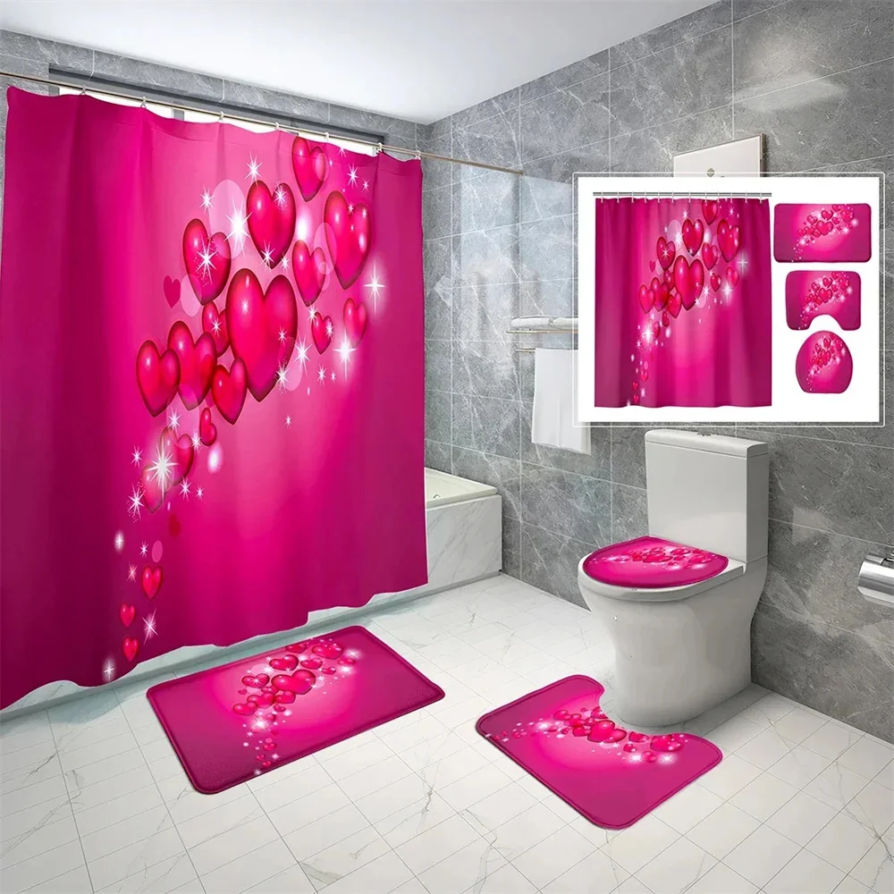 

Shower curtain set Romantic Love Pattern Bathroom floor mat Toilet seat mat Shower curtain Waterproof Decoration