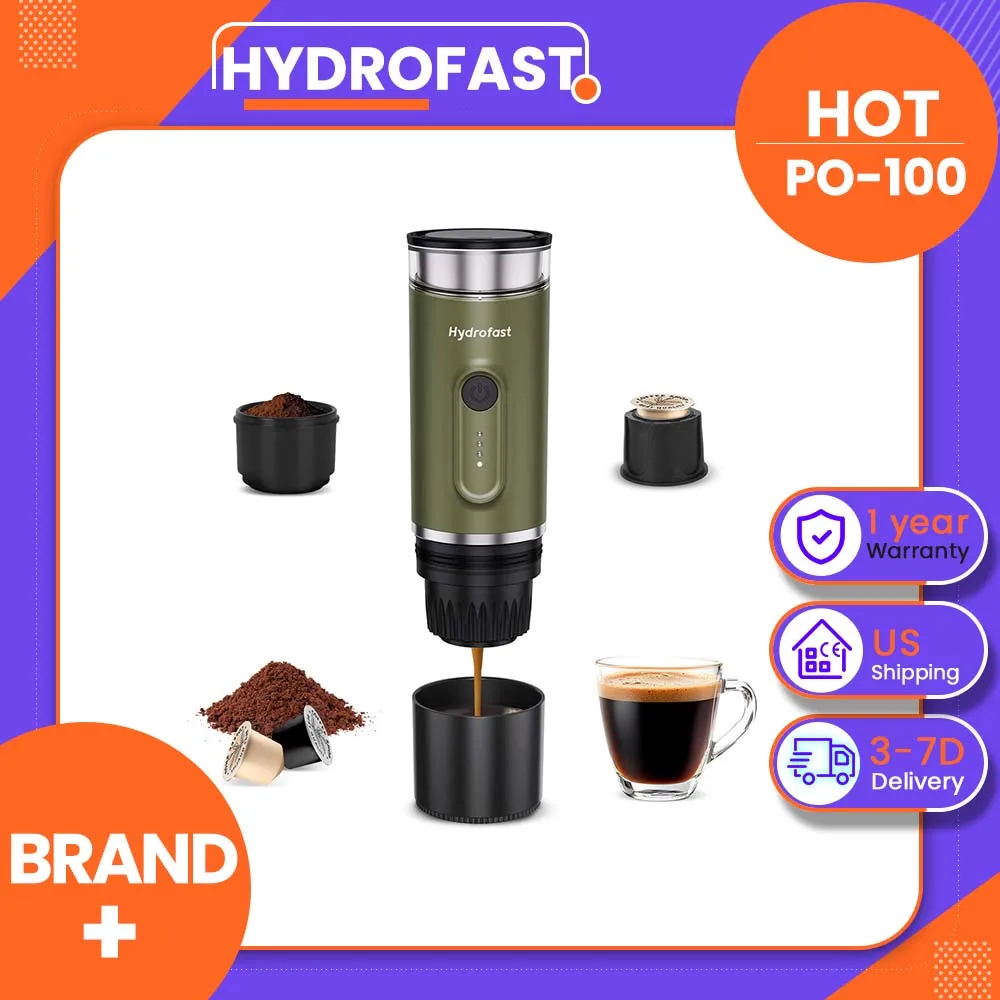 Hydrofast  PO-100 140W/ 7800mAh Battery Portable Espresso Machine, 15 Bar Pump, 90ml Tank, Capsule & Ground Coffee, Wireless Fast Heating, Travel-Friendly, Stainless Steel Inner Tank, Type-C Cable