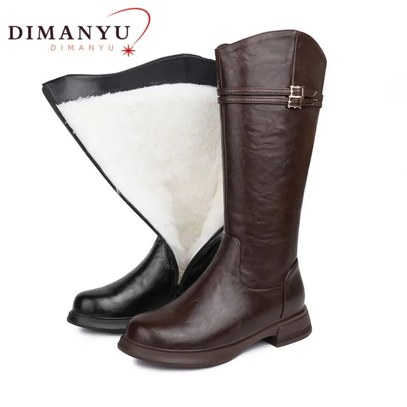 DIMANYU Winter Ladies Knee High Genuine Leather Boots Wool Side Zip Warm Anti-slip Women Riding Snow Boots