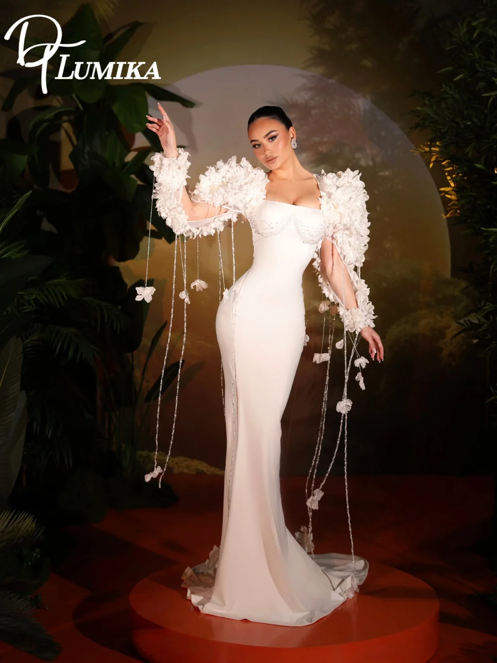 Classical Square-Neck Flower-Sleeve Wedding Dress 2026 Romantic Tassel-Drape Bridal Gown Fashion Sheath Floor-Length Bridal Dres