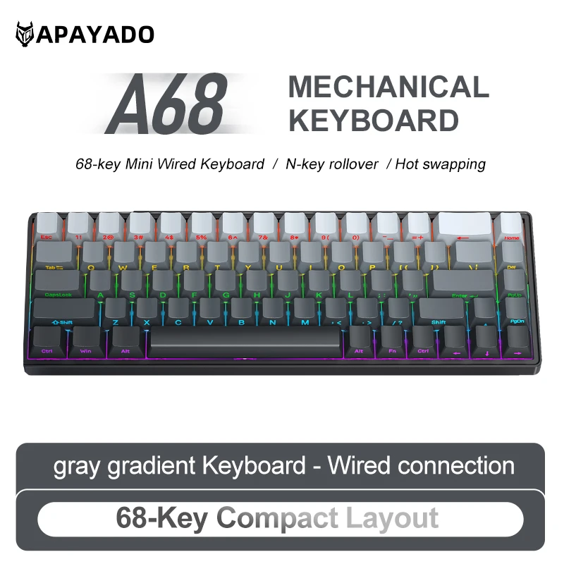 

Механическая клавиатура APAYADO A68 RGB с быстрой регулировкой подсветки Fn для офиса и игр, 68 клавиш