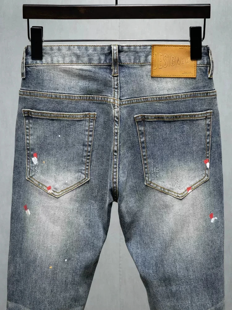 Street Fashion Men Jeans Retro Blue Washed Elastic Slim Fit Hole Ripped Jeans Men Painted Designer Hip Hop Denim Pants Hombre