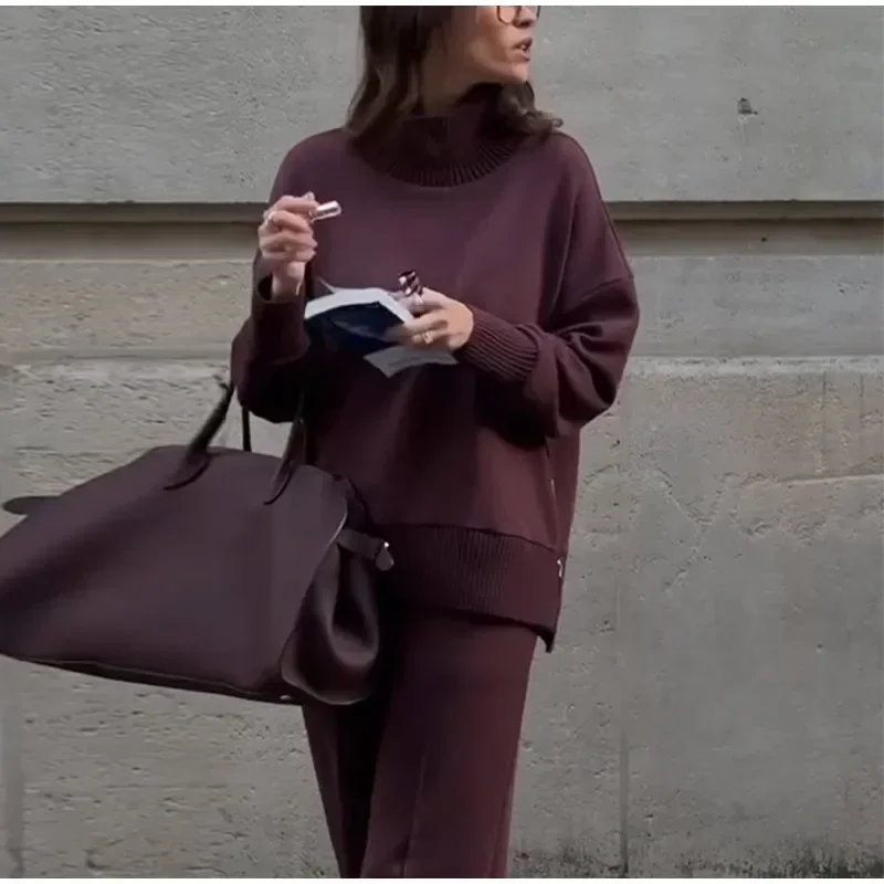 

2025 Spring Knit Turtleneck Sweater Pants Sets Women Split Zipper Long Sleeve Pullover Wide Leg Trousers Casual Loose Outfits