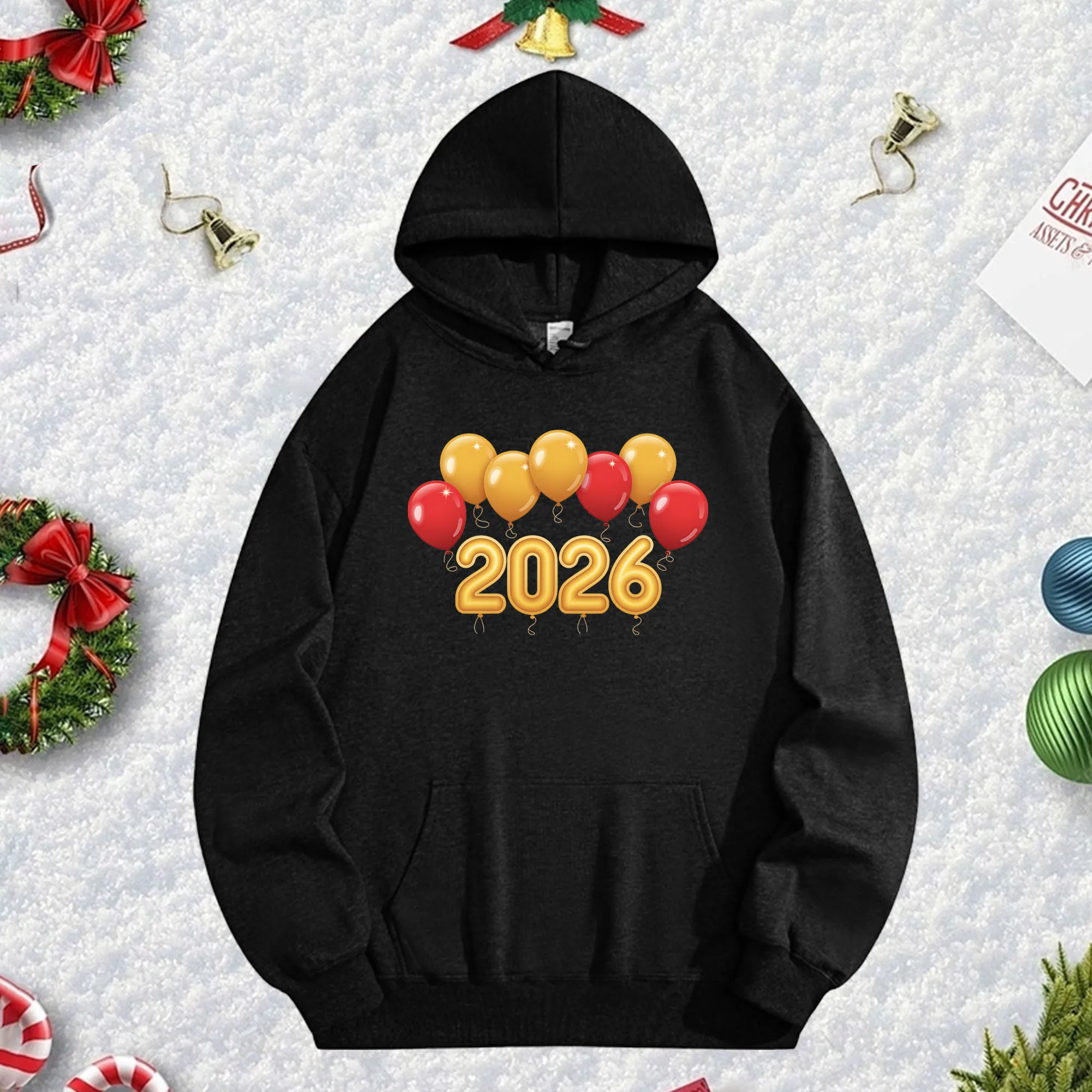 2026 سنة جديدة سعيدة 270G هوديي أسود للرجال والنساء، بلوفر صوف كبير الحجم مريح لموسم الخريف/الشتاء وعيد الميلاد