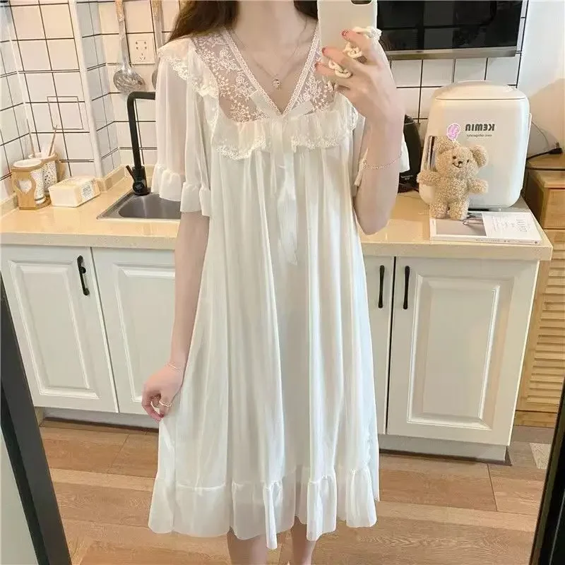 Princess Style Lingeries for Woman Sweet Lace Sleepwear for Sleeping Loose Homewear Spring White Night Dress Women Nightgown