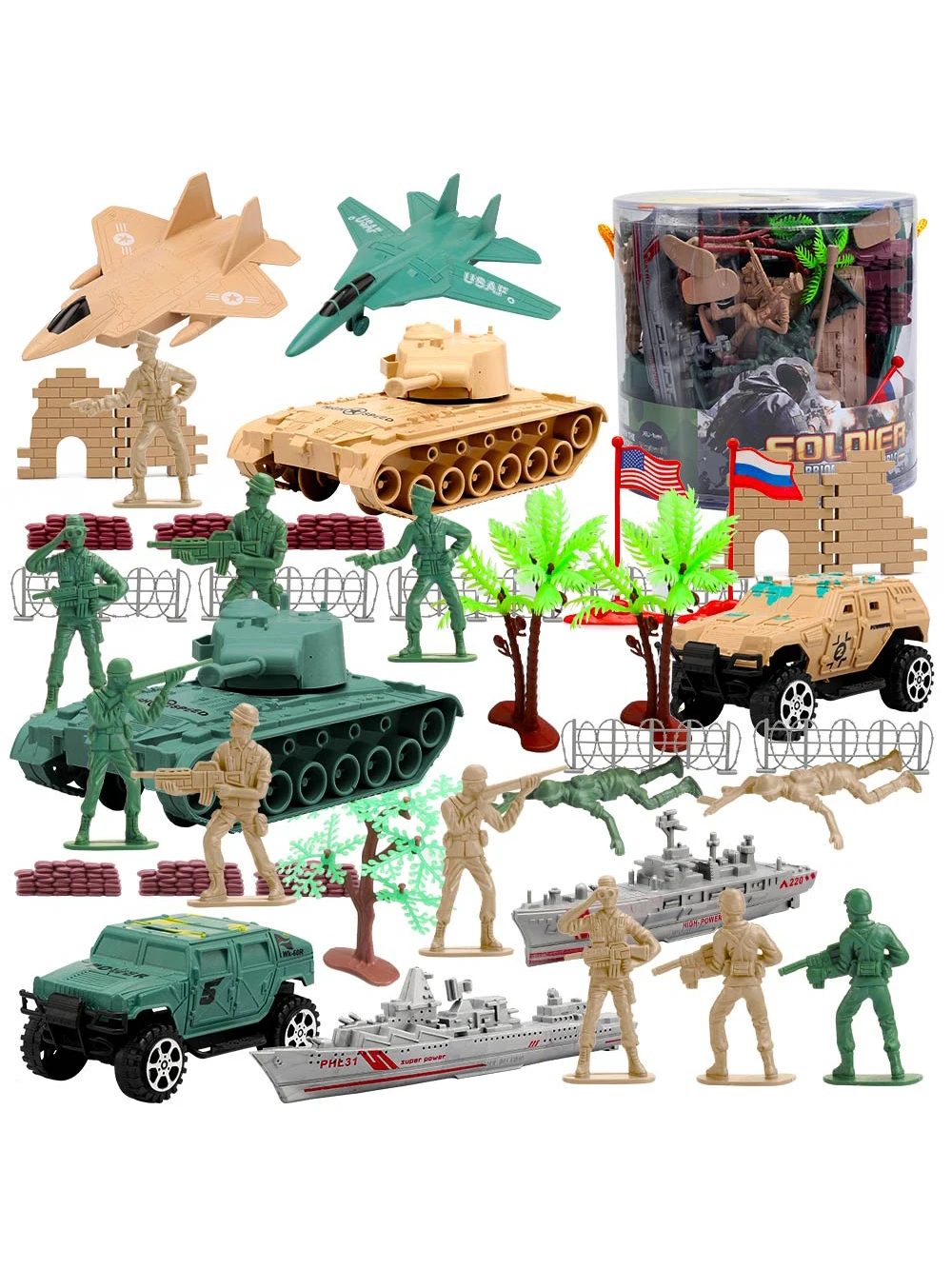 

ViiKONDO Army Men Toy Military Playset Green vs Tan Soldier 52pcs Bucket Classic Battle Tank Airplane Warship Model Wargame Gift