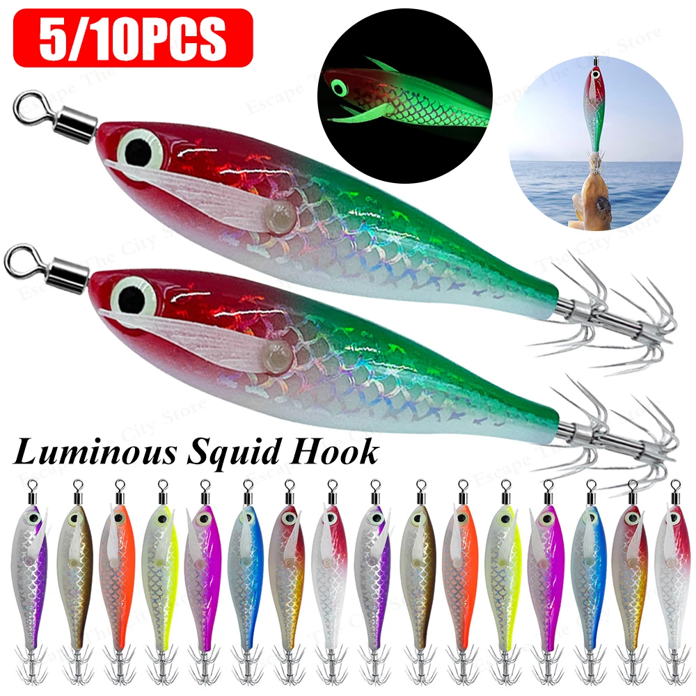 10-1PCS LuminousปลาหมึกตกปลาLure Double Hookไม้ปลาหมึกดึงดูดLure 3DตาปลอมOctopusเหยื่อปลาหมึกยักษ์