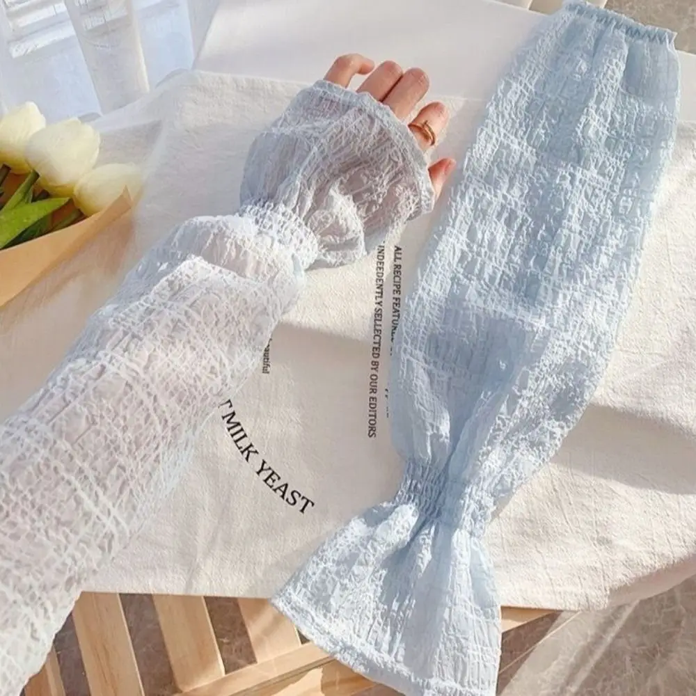 Summer Outdoor Lace Mesh Sun Protection Sleeves Solid Color Breathable Arm Sleeve Loose Fit Anti-UV Fingerless Gloves Cycling