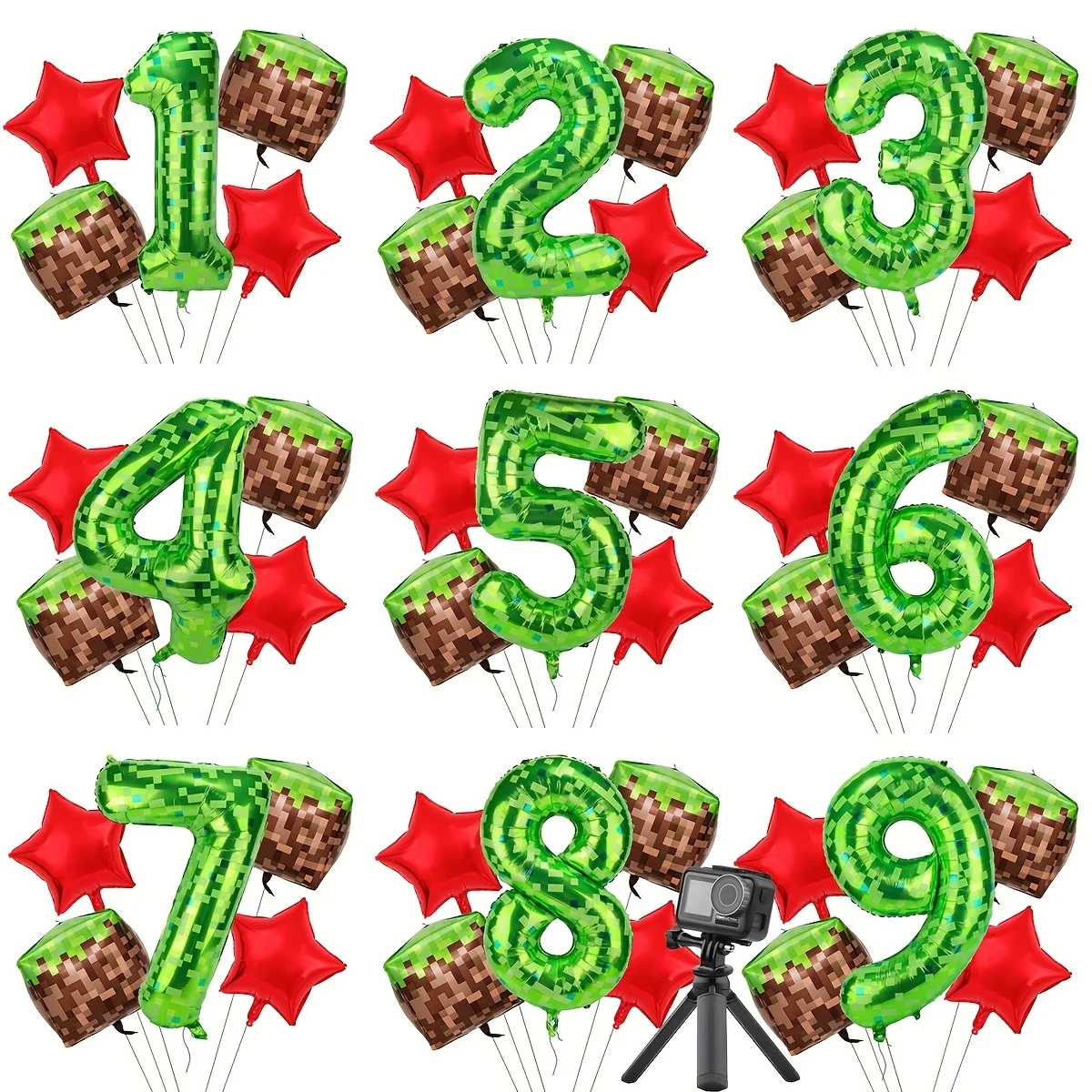 40Inch Green Number Balloon Set Large Mylar Mining Theme for Pixel Cubes Video Game Red Five-pointed Star Birthday Party Decors