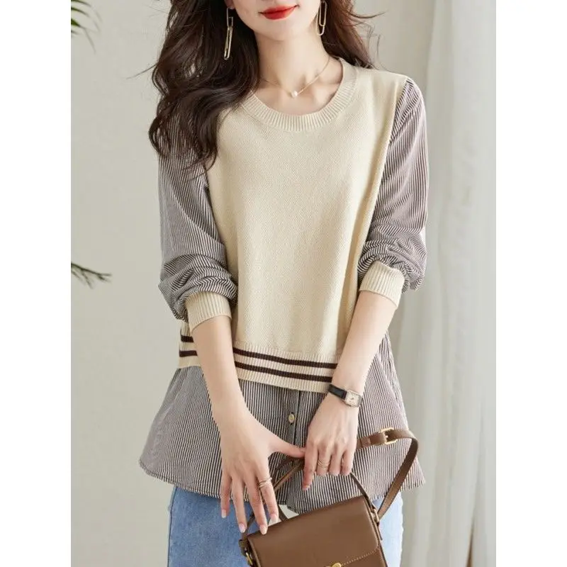 Spring Autumn New Fake Two Pieces Women Round Neck Long Sleeve Fashion Pullovers Elegant Button Striped Patchwork All-match Tops