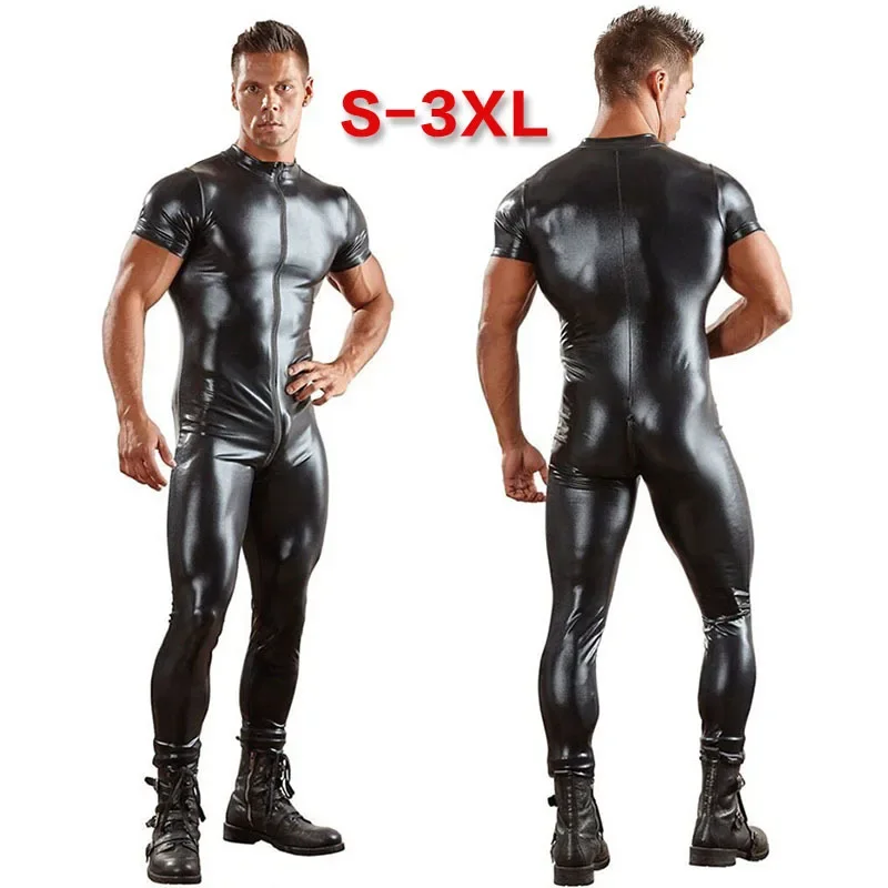 

Men Sexy Wetlook Faux Leather Catsuit PVC Latex Bodysuit Gay Zipper Open Crotch Clubwear Fetish Hot Erotic Pole Dance Lingerie