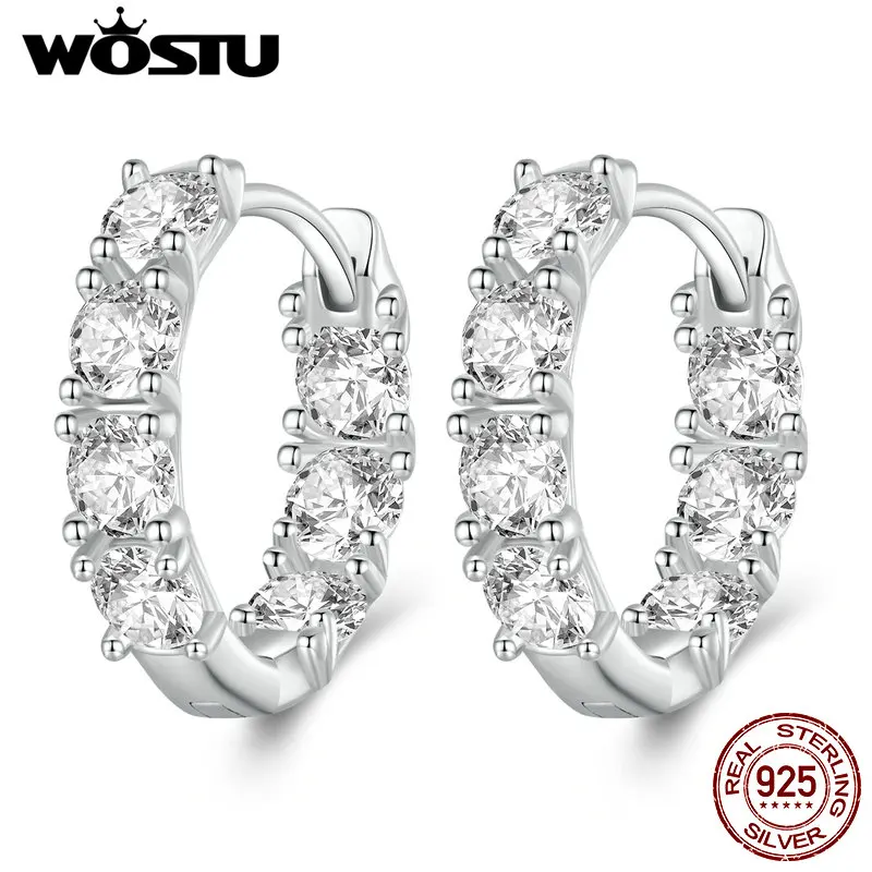 WOSTU Real 925 Sterling Silver Full of Zircon Circel Hoop Earrings For Women s925 Wedding Round Crystal Pendientes Jewelry Gift