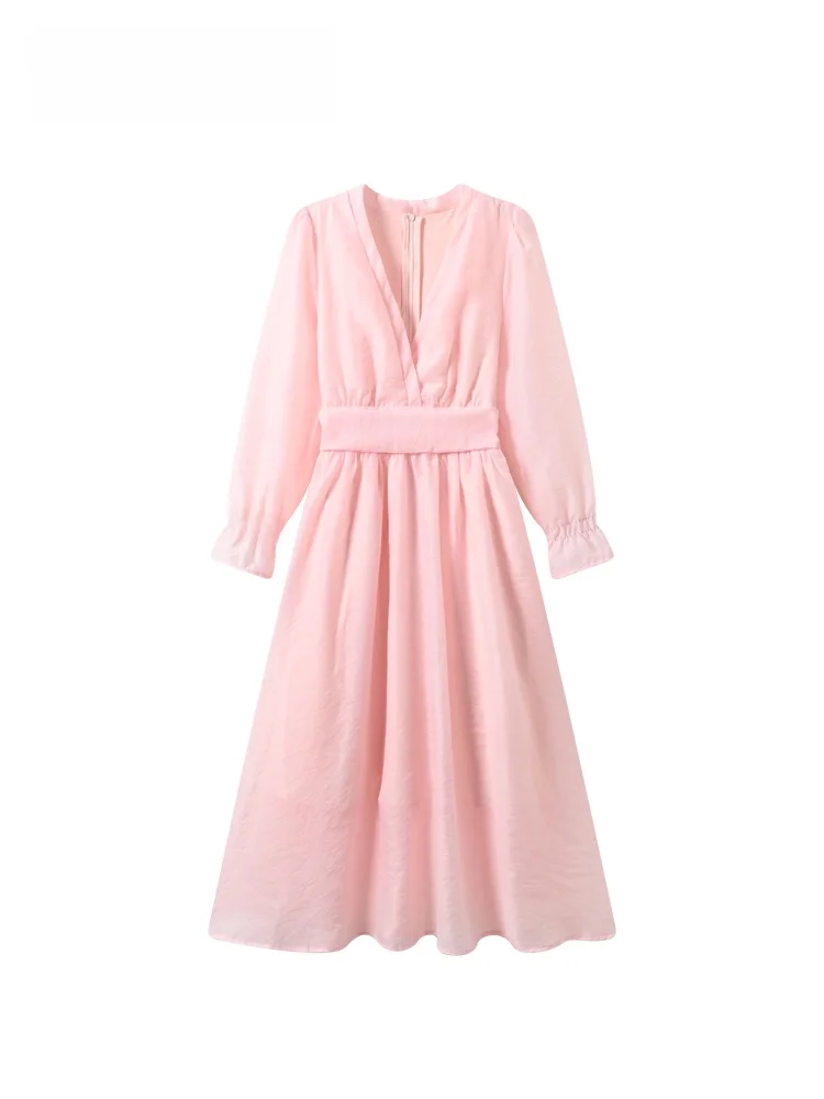 

plus Size Long Sve A-Line Dr Women's Spring New Sle Waist-Cinching Midi Dr Casual Polyester Fiber V-Ne Dr