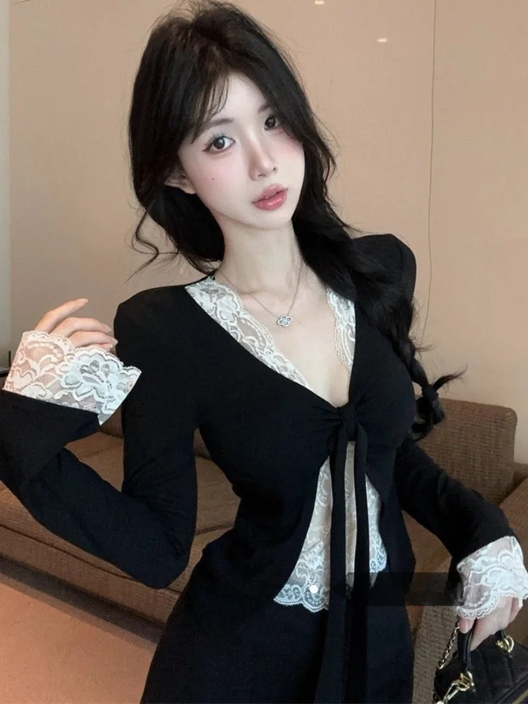 Sexy Pure Desire V-Ne Long Sve T-irt Women Early Spring Top Lace Base irt Inner Wear Fake Two-Piece Knot