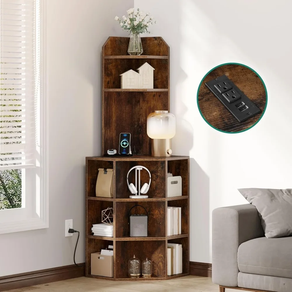 

Corner Shelf with USB Ports & Outlets, Industrial Corner Storage Cabinet Rack Charging Station, Wooden Display Bookshelf Bookca