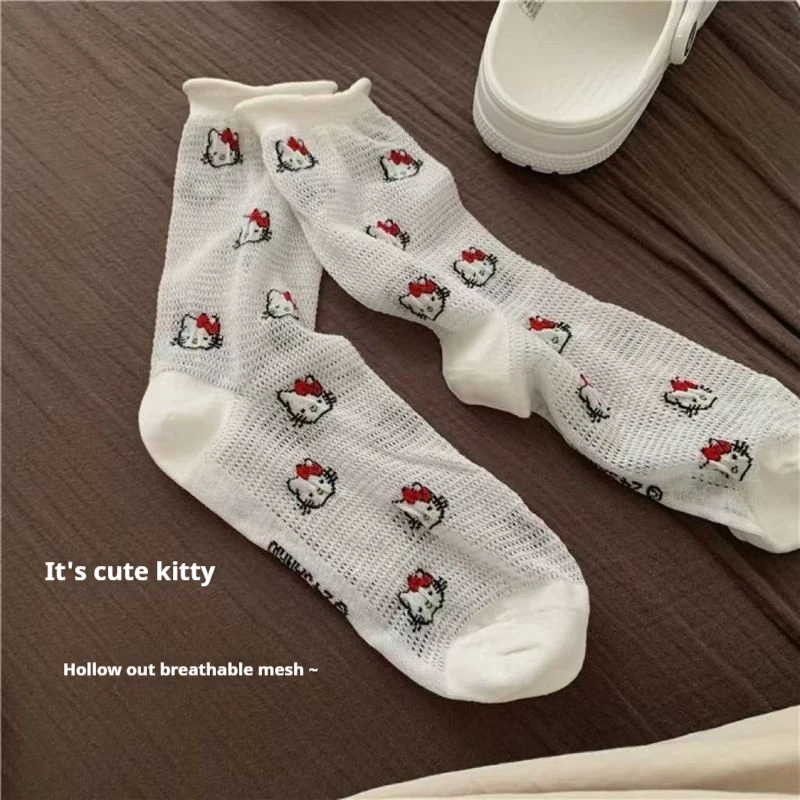 Chaussettes mi-mollet Hello Kitty pour femmes, édition fine, évider, respirant, nœud papillon, mignon Kawaii, habillage, été