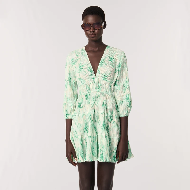 MaSandeM Spring Summer New Women's V-ne Pleated Slim ort Flared Skirt Dr Ele Print High Waist Polyester Fiber