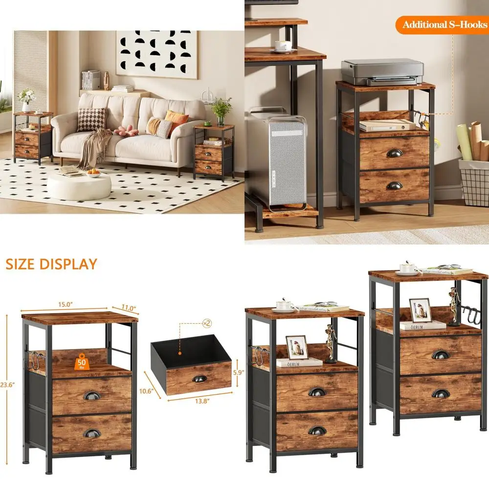 

Пара коричневых деревянных прикроватных тумбочек с тканевыми ящиками, открытой полкой, крючками и задней панелью для спальни, кабинета или прихожей.