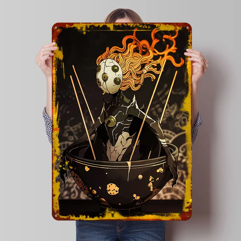 Noodle Creature in Bowl Tin Plaque Poster Customized Wall Art Retro Vintage Metal Signs for Man Cave Garage Decorations Decor